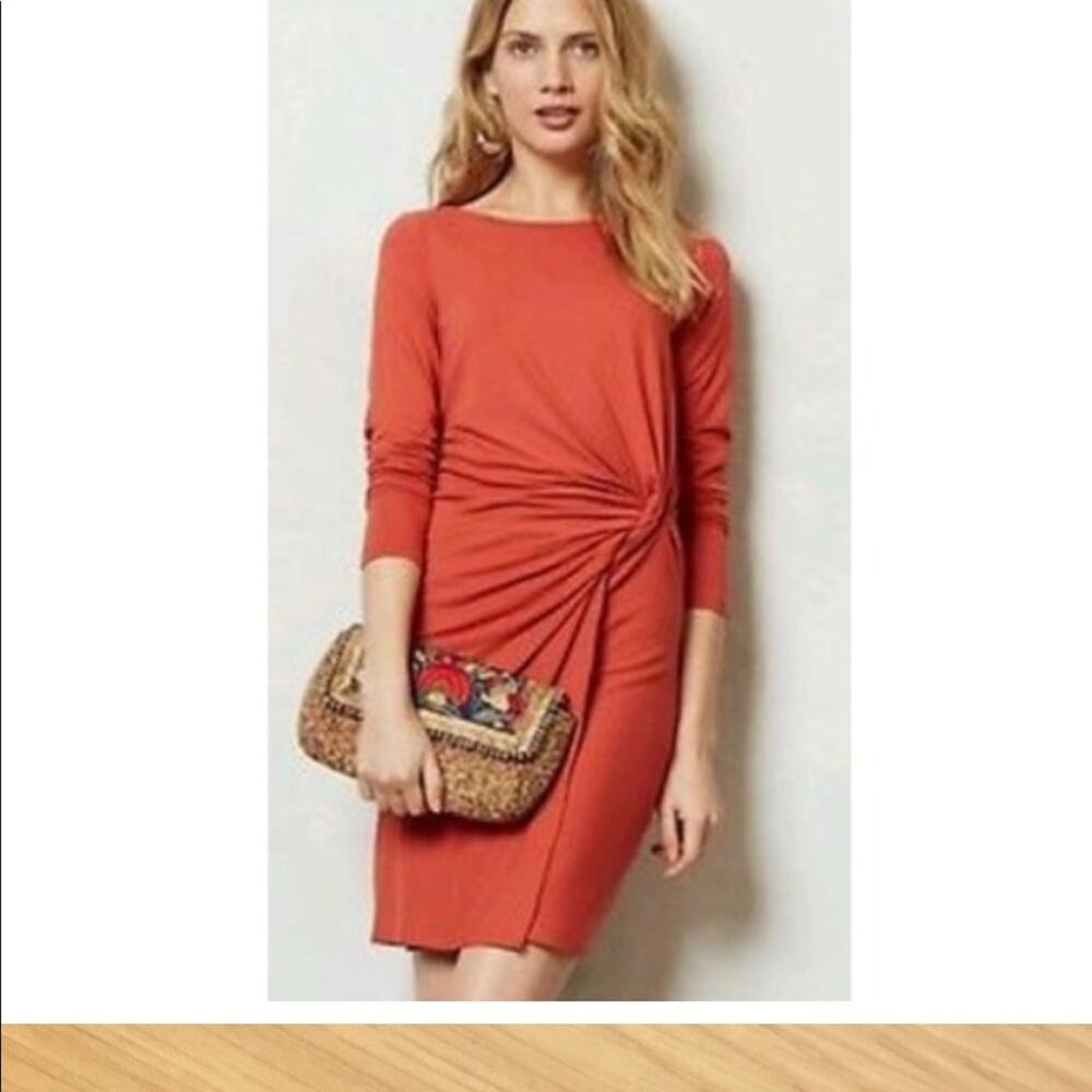 Ganni Rust Orange Twist-Front Long Sleeve Dress